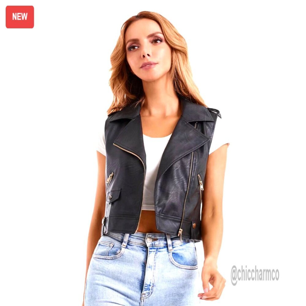 Faux Leather Vest Sleeveless Moto Biker Slim Fit Waistcoat Lapel Chic